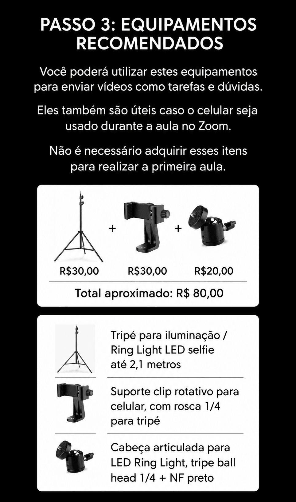 Equipamentos recomendados para posicionar o celular em aulas online de piano