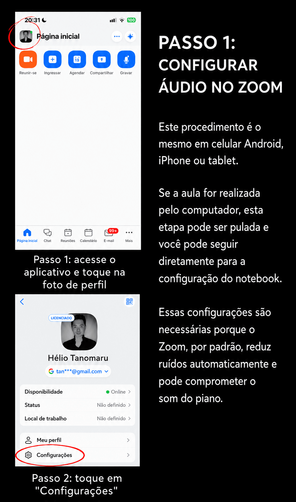 Passos iniciais para configurar áudio do Zoom no celular ou tablet