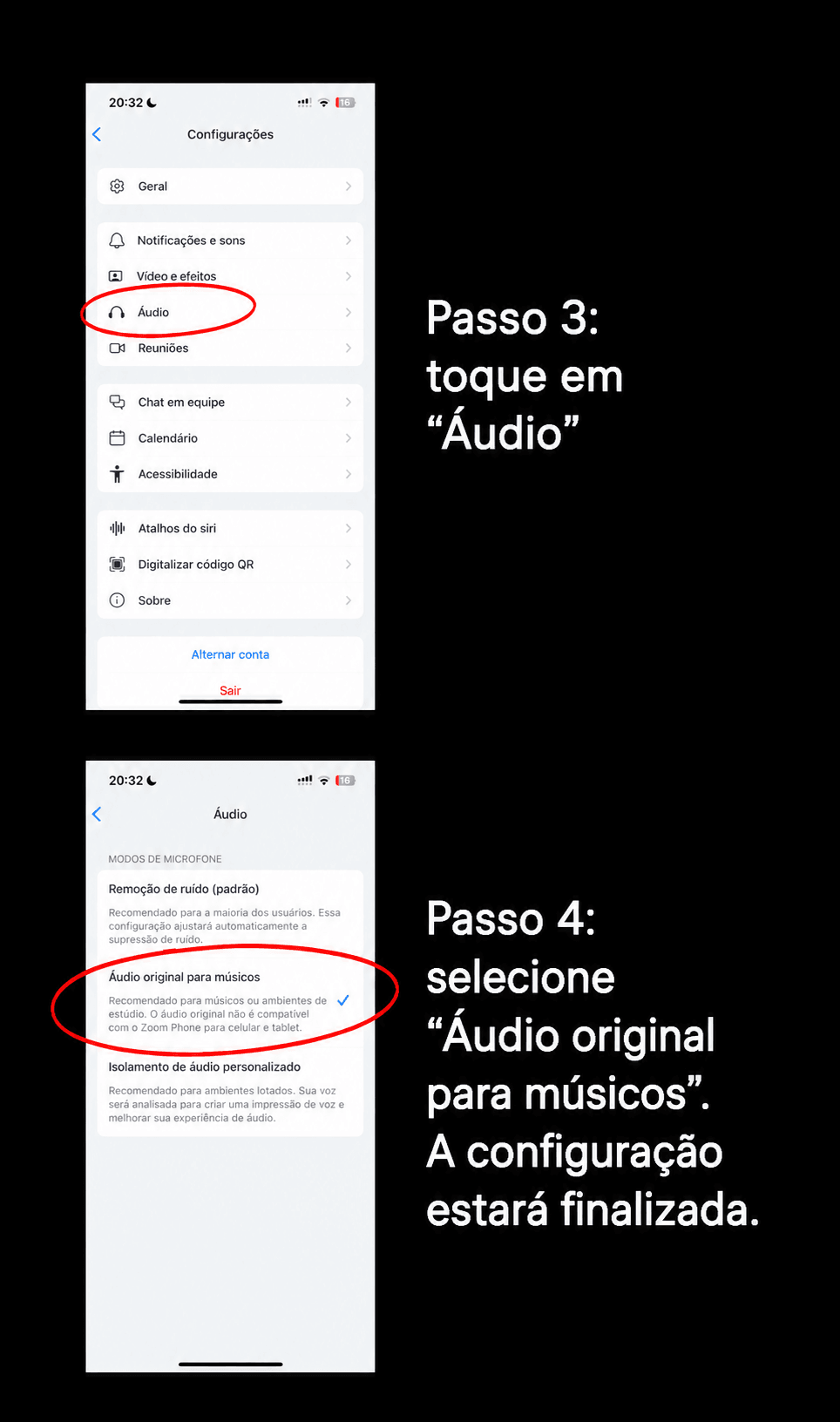 Seleção de áudio original para músicos no Zoom