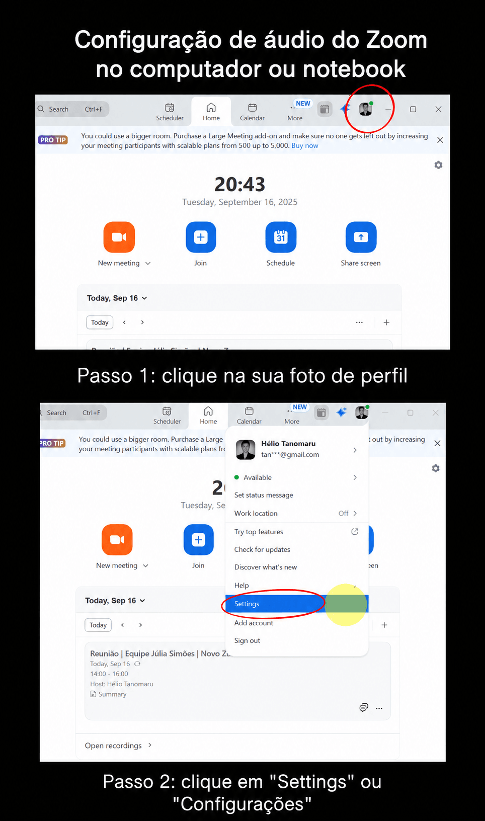 Passos iniciais para configurar áudio do Zoom no computador