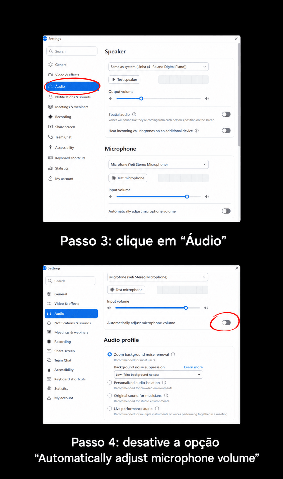 Desativação do ajuste automático de volume do microfone no Zoom
