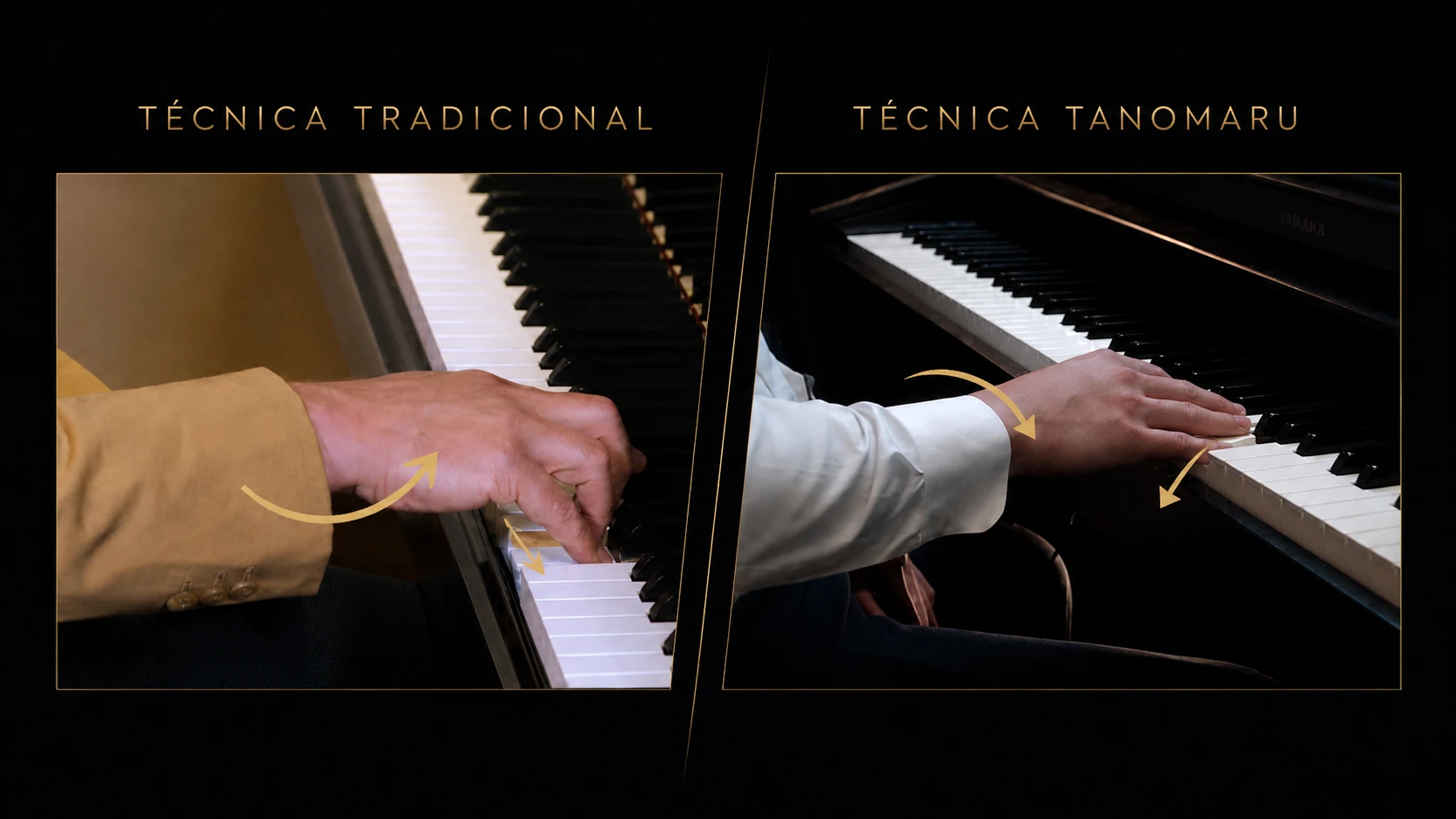 Comparação visual entre técnica tradicional e Técnica Tanomaru ao piano